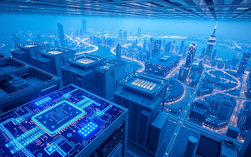A breathtaking aerial view of a futuristic quantum computing data center, bathed in a soft blue glow. In the foreground, an intricate quantum processor hums with energy, its intricate circuits and glowing quantum dots a testament to the power of this revolutionary technology. The middle ground showcases a network of servers and cooling systems, their sleek, minimalist design reflecting the efficiency and precision of quantum computing. In the background, a vast, luminous cityscape stretches out, its skyscrapers and infrastructure seamlessly integrated with the quantum data center, symbolizing the transformative potential of this groundbreaking field. The scene exudes a sense of awe, innovation, and the boundless possibilities of quantum computing.