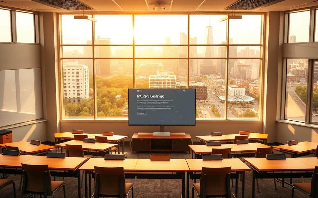 A bright, airy classroom with modern, intuitive online learning platforms prominently displayed on large, high-resolution monitors. Sleek, minimalist desks and chairs arranged in a semicircle, inviting collaboration and engagement. Warm, natural lighting streams in from expansive windows, creating a welcoming, productive atmosphere. In the background, a vibrant, out-of-focus cityscape hints at the wide reach and accessibility of these distance education programs. The overall scene conveys the flexibility, convenience, and tech-savvy nature of popular eLearning platforms.