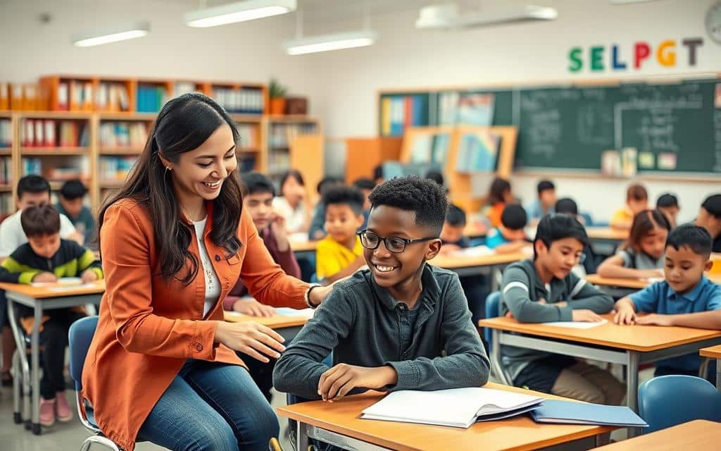 A bustling classroom, filled with diverse students of all ages and backgrounds, seated at desks in a spacious, well-lit environment. In the foreground, a teacher with a warm, welcoming expression guides a student with a physical disability, gently assisting them with a learning activity. In the middle ground, other students collaborate in small groups, their faces alight with curiosity and engagement. The background depicts an array of educational resources, including shelves of books, colorful learning materials, and a large chalkboard or interactive whiteboard. The scene conveys a sense of inclusivity, where every individual is valued and empowered to reach their full potential, despite the unique challenges they may face.