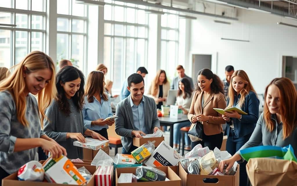 A bustling corporate office setting, with a group of employees enthusiastically engaged in a volunteer activity. In the foreground, several colleagues are sorting and packing supplies for a local charity drive, their faces alight with enthusiasm. In the middle ground, others are gathered around a table, discussing plans and strategies for an upcoming community cleanup project. The background features an open, airy workspace with large windows, allowing natural light to flood the scene. The overall mood is one of camaraderie, purpose, and a shared commitment to making a positive impact beyond the boundaries of the corporation.