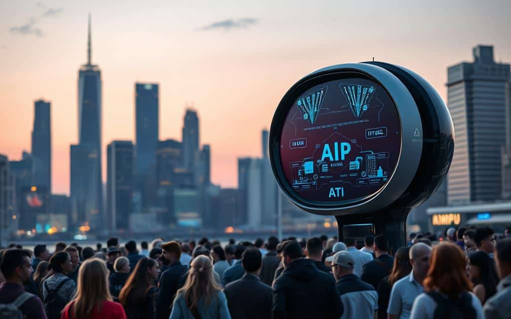 A cityscape at dusk, with a large, futuristic-looking AI-powered device dominating the foreground. The device has a sleek, curved design and glowing holographic displays. In the middle ground, a diverse crowd of people observes the device with a mix of curiosity, apprehension, and wonder. The background features a blurred, softly-lit skyline with towering skyscrapers and a hazy, pink-tinged sky. The overall scene conveys a sense of the public's complex and evolving perception of AI technology, with the device representing the rapid advancement and the crowd symbolizing the range of reactions and attitudes.
