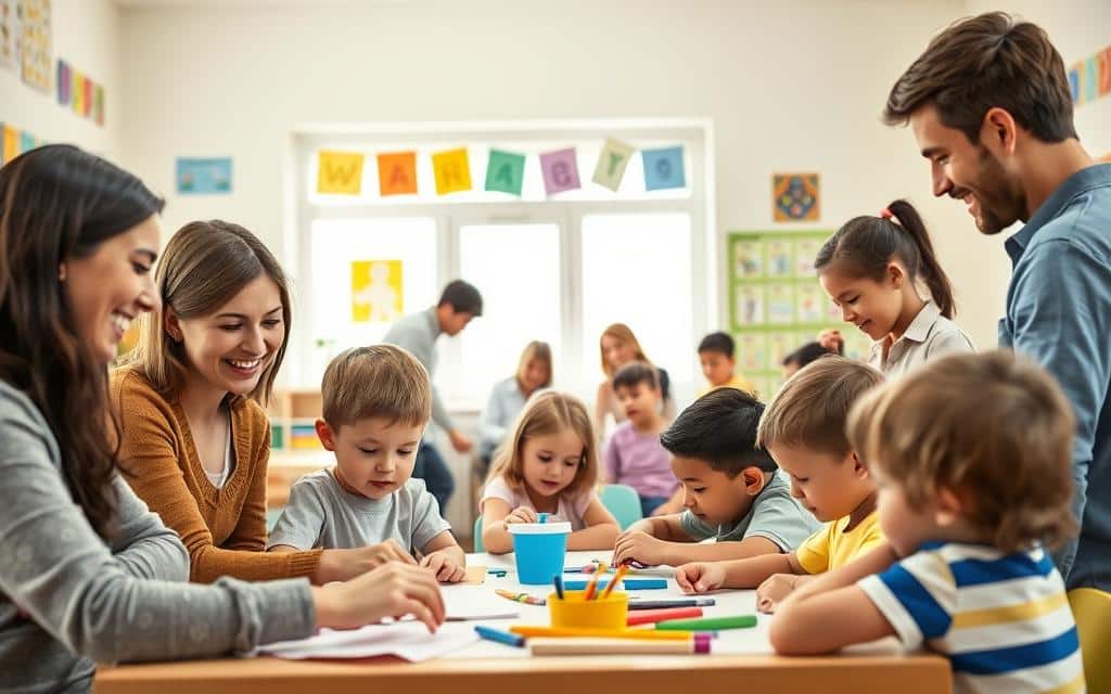 A family and a group of children gathered in a bright, cheerful classroom, engaged in collaborative learning activities. In the foreground, a mother and father assist their child with a hands-on project, their expressions conveying warmth and involvement. In the middle ground, other parents and teachers interact with the students, guiding them through various educational tasks. The background showcases colorful educational posters, learning materials, and a large window allowing natural light to flood the space, creating a welcoming and nurturing atmosphere. The overall scene embodies the partnership and synergy between the school and the family, working together to support the educational and developmental needs of the children.
