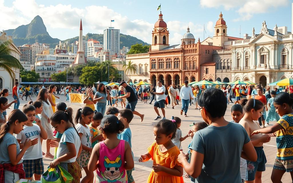 A lively urban scene depicting vibrant artistic programs in different Brazilian cities. In the foreground, a group of children engaged in colorful, hands-on art projects - painting, sculpting, and dancing. In the middle ground, a bustling outdoor plaza with street performers, art vendors, and local residents admiring the creative displays. The background showcases iconic landmarks of various Brazilian cities - from the Sugarloaf Mountain in Rio de Janeiro to the colonial architecture of Salvador's historic center. Warm, natural lighting illuminates the energetic atmosphere, capturing the spirit of artistic expression that flourishes within these community-driven programs. The overall composition conveys a sense of cultural vitality, inclusion, and the transformative power of the arts.