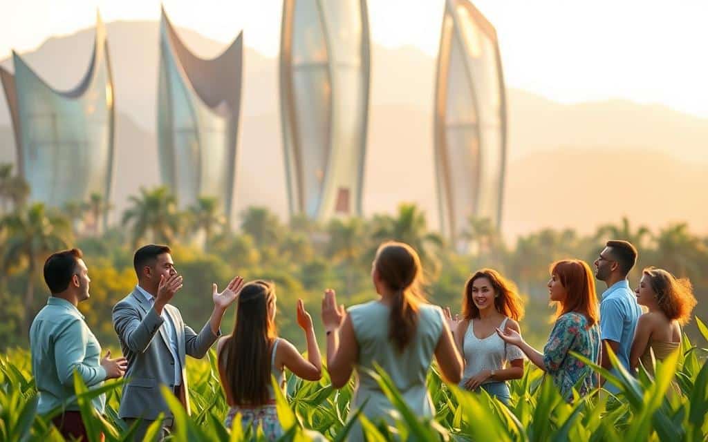 A lush, verdant landscape with towering, futuristic buildings in the background, their sleek, angular designs glittering in the warm, golden sunlight. In the foreground, a group of diverse individuals gesticulate enthusiastically, their faces alight with excitement as they discuss the potential of generative AI, its capabilities and benefits. The scene conveys a sense of progress, innovation, and the promise of a better future. The lighting is soft and diffused, creating a sense of depth and atmosphere, while the camera angle is slightly elevated, allowing the viewer to survey the scene from an elevated perspective.