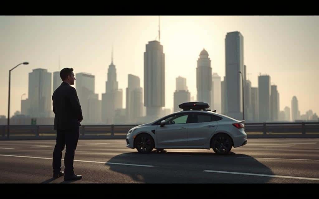 A meticulously detailed scene depicting the privacy concerns surrounding autonomous vehicles. In the foreground, a lone figure stands with a thoughtful expression, contemplating the implications of shared travel data. The middle ground features a sleek, self-driving car navigating a city street, its sensors and cameras visible. In the background, a skyline of towering skyscrapers casts long shadows, symbolizing the looming questions of personal privacy and data security. The lighting is softly diffused, creating an atmosphere of contemplation and unease. Captured through a wide-angle lens, the composition emphasizes the scale and complexity of this technological revolution.