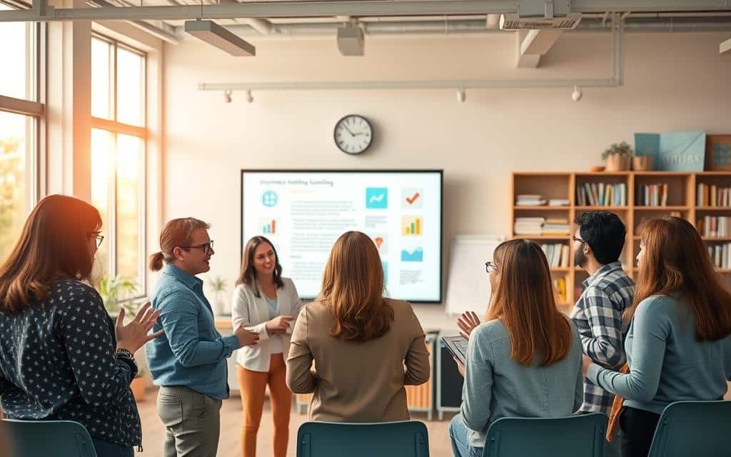 A modern, airy classroom setting with an open, collaborative atmosphere. In the foreground, a group of diverse teachers engaged in a lively discussion, gesturing animatedly. The middle ground features a digital whiteboard displaying innovative teaching techniques and methods. Soft, warm lighting filters in through large windows, casting a glow on the scene. The background showcases shelves of educational resources and materials, hinting at the wealth of learning tools available. An atmosphere of creativity, passion, and intellectual growth permeates the space, reflecting the spirit of innovation in teacher professional development.