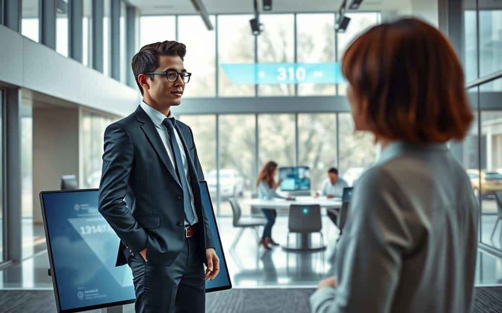 A modern office interior with a sleek, minimalist design. In the foreground, a virtual assistant avatar stands on a large touchscreen display, engaging with a well-dressed professional. The avatar appears lifelike, with expressive features and fluid movements, seamlessly blending digital and physical elements. The middle ground showcases a team of employees collaborating around a conference table, their interactions enhanced by holographic projections and AR data visualizations. The background features floor-to-ceiling windows, allowing natural light to flood the space and creating a sense of openness and connectivity. The overall mood is one of efficiency, innovation, and a enhanced customer experience.