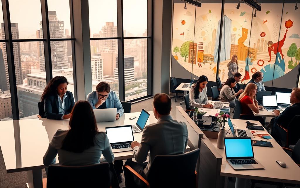 A modern office interior with large windows overlooking a bustling cityscape. In the foreground, a diverse group of professionals collaborating around a sleek conference table, their faces lit by the soft glow of their laptops. Midground, rows of workstations where employees of varying ages and backgrounds are engrossed in their digital tasks, demonstrating the company's commitment to digital inclusion. In the background, a vibrant mural depicting the interconnectedness of technology, business, and social equity. Warm lighting and a neutral color palette create an atmosphere of productivity and innovation, reflecting the role of enterprises in bridging the digital divide.
