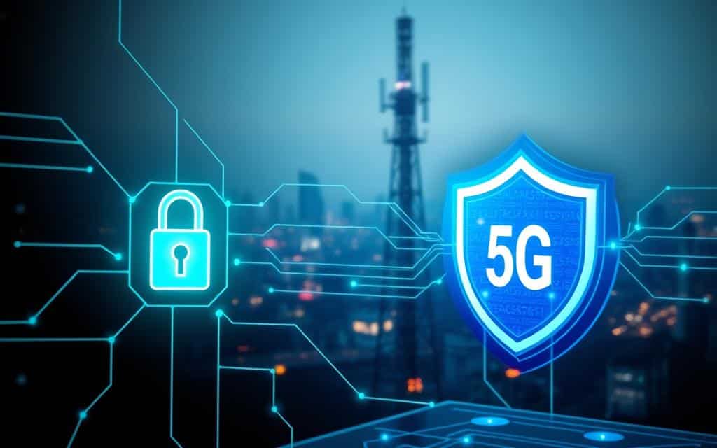 A secure 5G network with a digital safety shield, glowing blue and green data streams flowing through a sleek, futuristic interface. In the foreground, a padlock icon and network security symbols convey the importance of privacy and protection. The midground features a towering 5G cell tower, its antenna array emitting a soft, ambient glow. The background depicts a cityscape, hazy and ethereal, with skyscrapers and glowing lights that suggest the interconnected, high-tech world of 5G technology. The lighting is dramatic, with deep shadows and highlights that create a sense of depth and drama. The overall mood is one of technological sophistication and the critical role of cybersecurity in the 5G era.