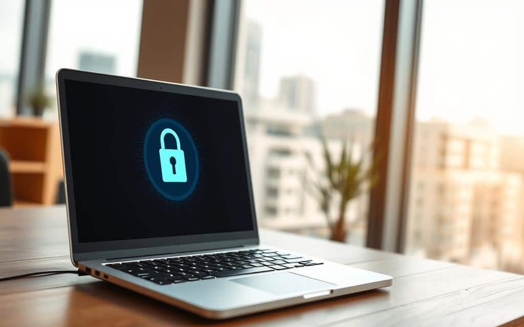 A serene office setting, where a laptop rests on a wooden desk, its screen displaying a digital lock icon - symbolizing the privacy and security of data. Soft, natural lighting filters through large windows, casting a warm glow on the minimalist workspace. In the background, a blurred cityscape provides a sense of urban tranquility. The overall atmosphere conveys a balance between technology, privacy, and the importance of data protection in the digital age.