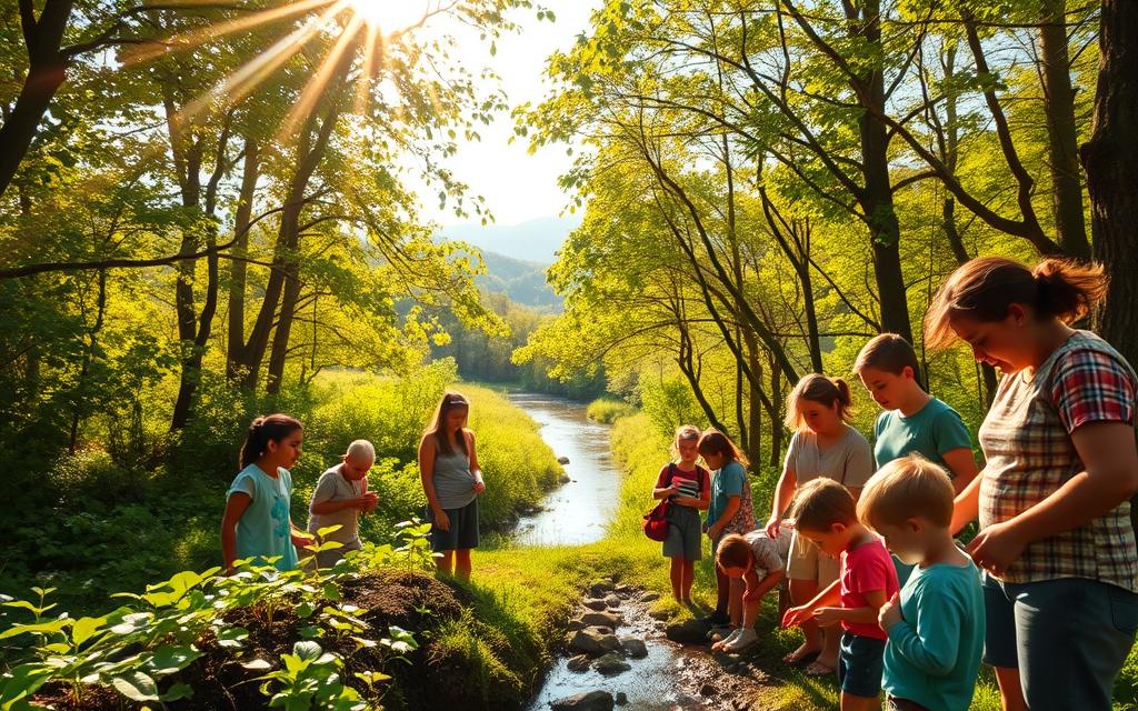 A serene outdoor scene of a lush, verdant forest canopy with rays of warm, golden sunlight filtering through the leaves. In the foreground, a group of diverse individuals of varying ages are engaged in a hands-on environmental education activity, such as planting seedlings or examining local flora and fauna. The middle ground features a tranquil stream or pond, with children and adults interacting with the natural elements. In the background, distant rolling hills or mountains create a sense of depth and harmony. The overall atmosphere conveys a spirit of interconnectedness, lifelong learning, and a shared commitment to environmental stewardship.