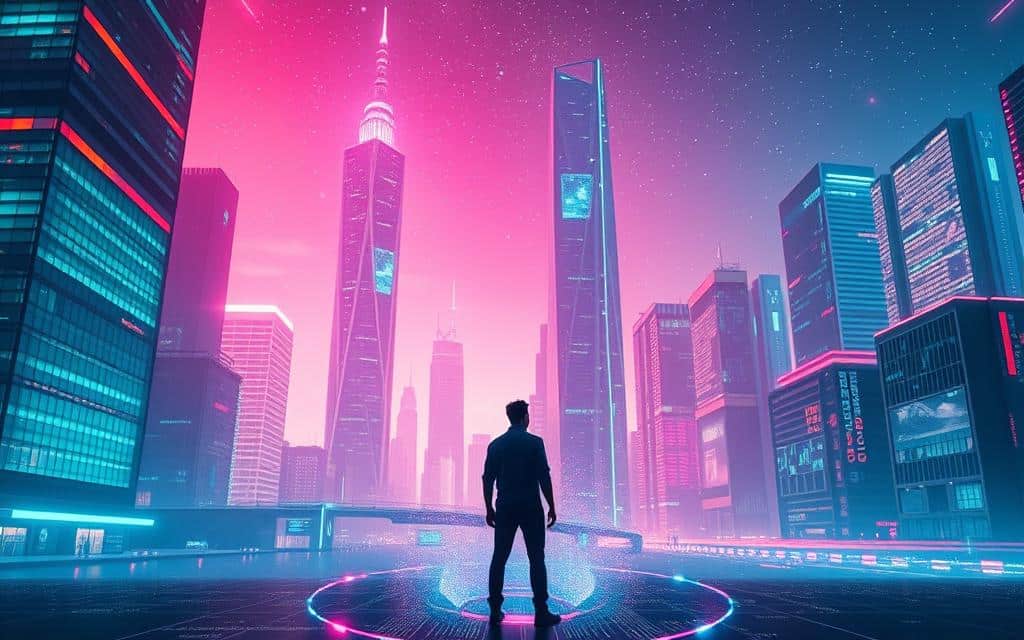 A sleek, futuristic cityscape glimmers under vibrant, neon-tinged lighting. Towering skyscrapers, their facades shimmering with holographic displays, reach towards a starry, cyberpunk-inspired sky. In the foreground, a lone figure stands amidst a swirl of digital data, their form partially obscured by a shimmering, translucent interface. The scene conveys a sense of awe and wonder at the transformative power of digital technology, hinting at the boundless potential of the future.