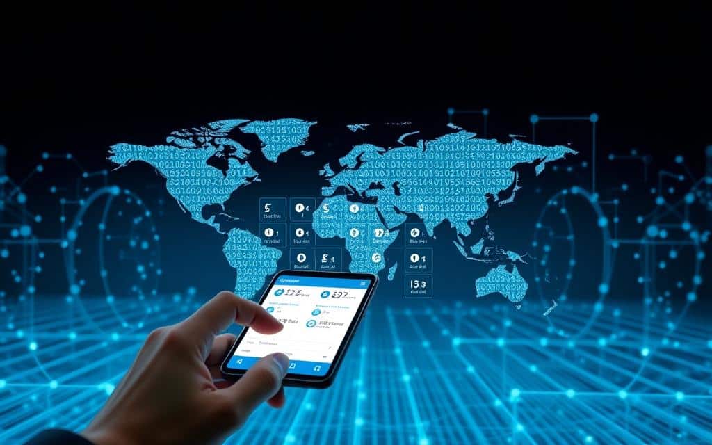 A sleek, modern interface showcasing international payment options on a digital screen. In the foreground, a user interacts with a seamless mobile banking app, swiping and tapping to securely transfer funds across borders. The middle ground features a grid of global currency symbols, pulsing with real-time exchange rates. In the background, a network of blockchain nodes and digital ledgers creates an aura of technological sophistication, symbolizing the cutting-edge infrastructure powering these borderless transactions. Crisp lighting from multiple angles highlights the clean, minimalist aesthetic, while a sense of fluidity and connectivity permeates the scene, reflecting the streamlined, efficient nature of international payments in the digital age.