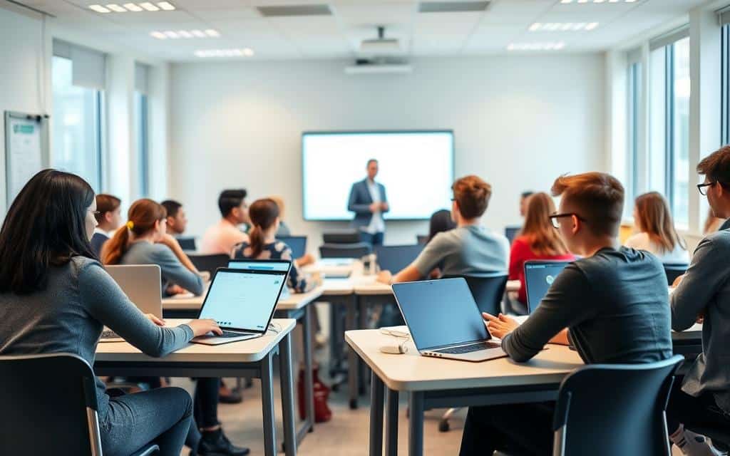 A tranquil classroom scene with students engaged in a hybrid learning environment. In the foreground, a group of diverse students sit at modern desks, collaborating on laptops and tablets. The middle ground features a teacher guiding the class, using a large interactive display. The background showcases a bright, airy room with large windows, creating a warm and inviting atmosphere. Soft, diffused lighting illuminates the scene, highlighting the students' focused expressions and the teacher's engaging demeanor. The overall composition conveys a sense of productivity, connectivity, and the harmonious integration of traditional and digital learning methods.