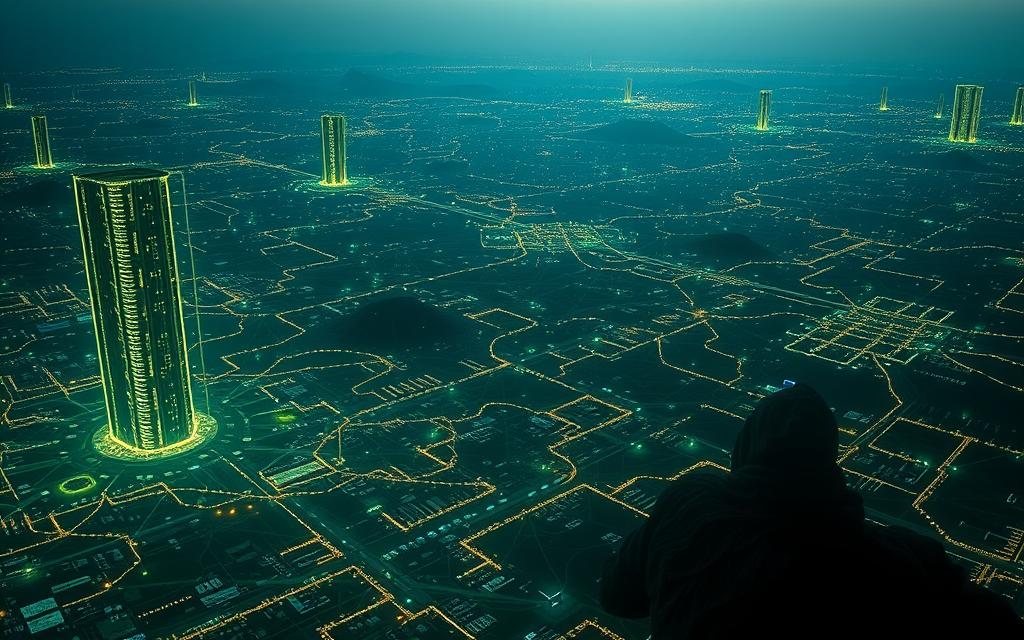 A vast, complex landscape of interconnected data streams, illuminated by the glow of digital infrastructure. In the foreground, towering pillars of information, their shadows stretching across a terrain of challenges - data security, privacy, and the constant need for processing power. In the middle ground, a tangled web of cables and circuits, representing the intricate management of Big Data. The background fades into a hazy horizon, where the silhouettes of decision-makers ponder the insights hidden within the endless sea of data, seeking to navigate the Desafios do Big Data with clarity and purpose.