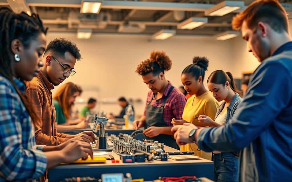 A vibrant and dynamic scene showcasing the development of skills in a professional training program. In the foreground, a group of diverse learners intently focus on their tasks, their hands skillfully manipulating tools and materials. The middle ground depicts an array of workshops and training stations, each equipped with state-of-the-art equipment and resources. In the background, a modern, well-lit classroom setting creates an atmosphere of engaged learning and personal growth. Warm lighting casts a positive glow, highlighting the dedication and determination of the students as they embark on their vocational journeys. An overarching sense of progress, opportunity, and the empowerment of individuals shines through this inspiring tableau.