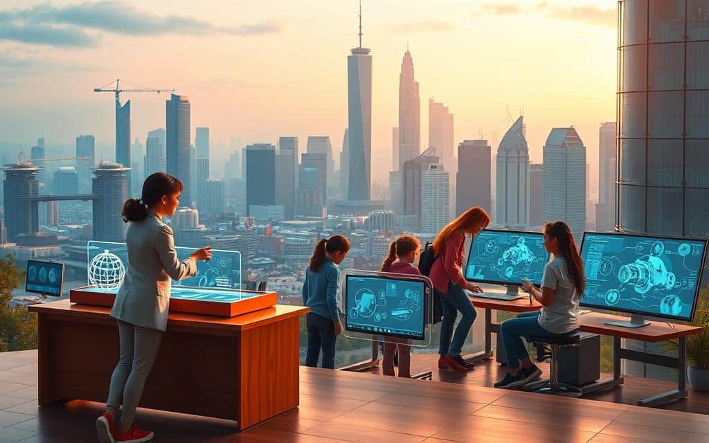 A vibrant digital landscape, where a stylized teacher's desk stands in the foreground, adorned with a holographic display showcasing interactive learning modules. In the middle ground, students of diverse backgrounds engage in collaborative tasks, their screens projecting intricate digital schematics and virtual simulations. The background depicts a futuristic city skyline, its towering skyscrapers and interconnected infrastructure symbolizing the integration of education and the Internet of Things. Warm, diffused lighting casts a sense of wonder and exploration, as the scene conveys the transformative potential of digital education in the modern age.