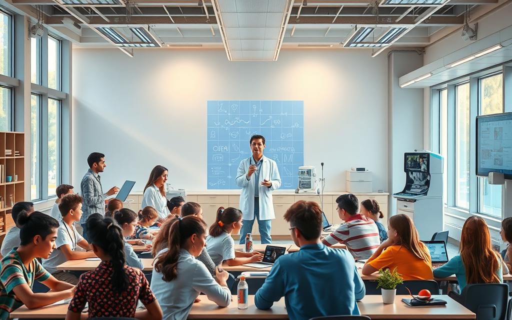A vibrant, futuristic classroom setting illuminated by soft, natural light filtering through large windows. In the foreground, a diverse group of students of all ages and backgrounds engage in collaborative, hands-on learning activities, using cutting-edge digital tools and interactive displays. The middle ground features a holographic instructor guiding the class, their image projected in a captivating, lifelike manner. In the background, state-of-the-art medical equipment and healthcare imagery suggest the integration of healthcare education within the curriculum. An atmosphere of innovation, inclusivity, and a focus on wellness permeates the scene, hinting at the transformative possibilities of the future of health education.