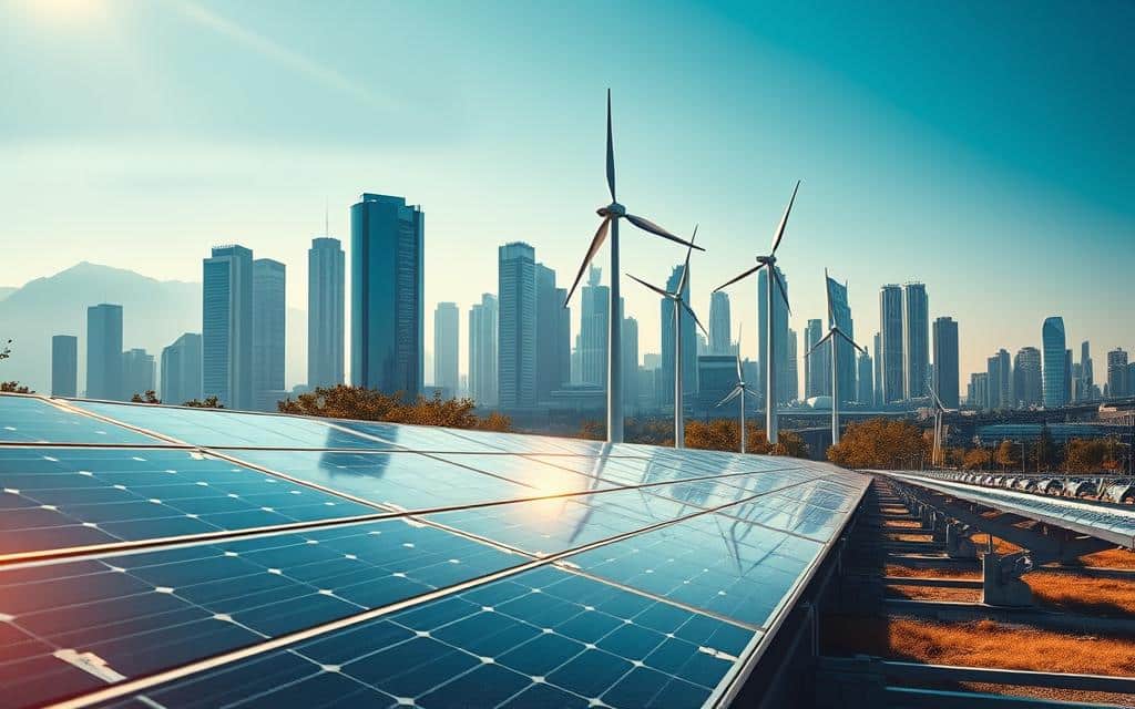 A vibrant, futuristic landscape showcasing the innovations of renewable energy. In the foreground, sleek solar panels capture the sun's rays, casting a warm, golden glow. In the middle ground, towering wind turbines gracefully spin, harnessing the power of the wind. The background is dominated by a clean, modern cityscape, with glimmering skyscrapers and efficient transportation systems, all powered by the sustainable energy sources. The scene conveys a sense of progress, innovation, and a hopeful vision for a greener future. Cinematic lighting, a wide-angle lens, and a dynamic composition create a visually striking and immersive image.