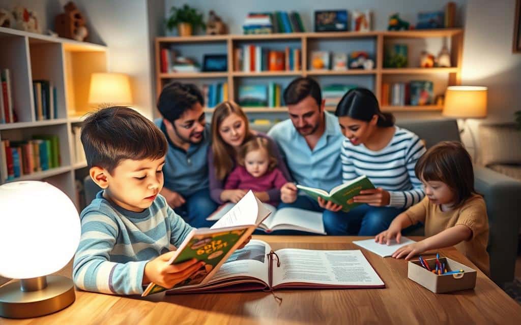 A warm, inviting living room with a family gathered around a table, engaged in various literacy-related activities. In the foreground, a young child is enthusiastically reading a storybook, their face illuminated by the soft glow of a table lamp. In the middle ground, parents and siblings are collaborating on a writing project, discussing ideas and providing encouragement. The background features shelves filled with books, educational toys, and a cozy armchair, creating a nurturing and supportive environment for family learning. The overall scene conveys a sense of togetherness, discovery, and the transformative power of family engagement in the literacy journey.