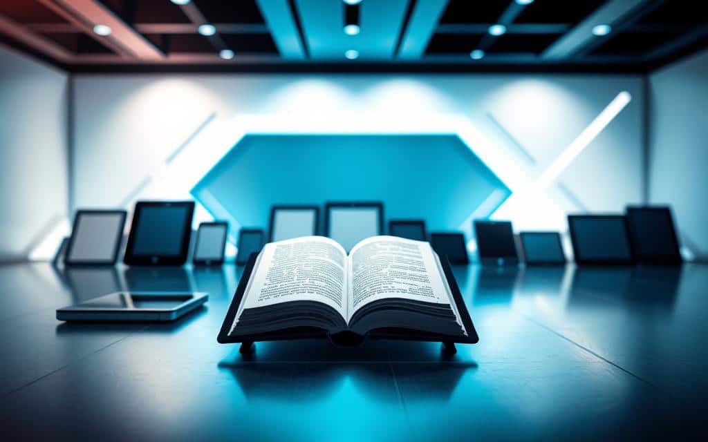 A well-lit digital reading platform with a clean, modern design. In the foreground, a tablet or e-reader displays an open book, its pages inviting the reader to immerse themselves. In the middle ground, a selection of digital reading devices in various sizes and styles are neatly arranged, showcasing the range of options available. The background features a minimalist, tech-inspired setting with sleek, geometric shapes and lines, conveying a sense of innovation and technological advancement. The overall atmosphere is one of focus, clarity, and the seamless integration of digital and literary experiences.