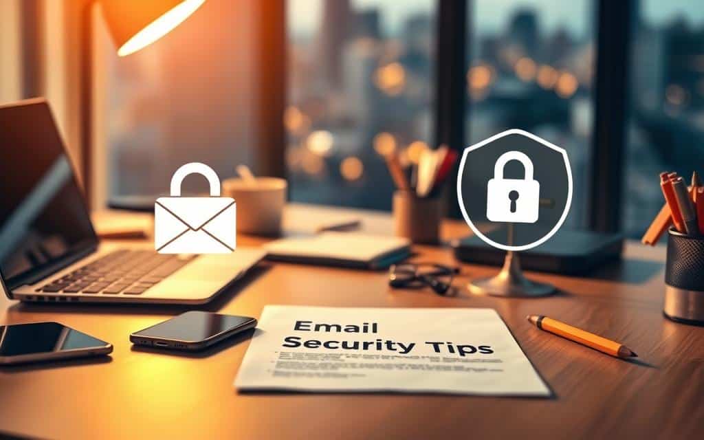 A workspace desk with a laptop, smartphone, and office supplies, illuminated by warm, natural lighting from a nearby window. In the foreground, a secure email icon and a padlock symbol indicate the importance of email privacy and security. The middle ground features a document with the title "Email Security Tips" to highlight the subject matter. The background depicts a serene, blurred cityscape, conveying a sense of professionalism and digital safety. The overall composition emphasizes the need for careful email management in the digital age.
