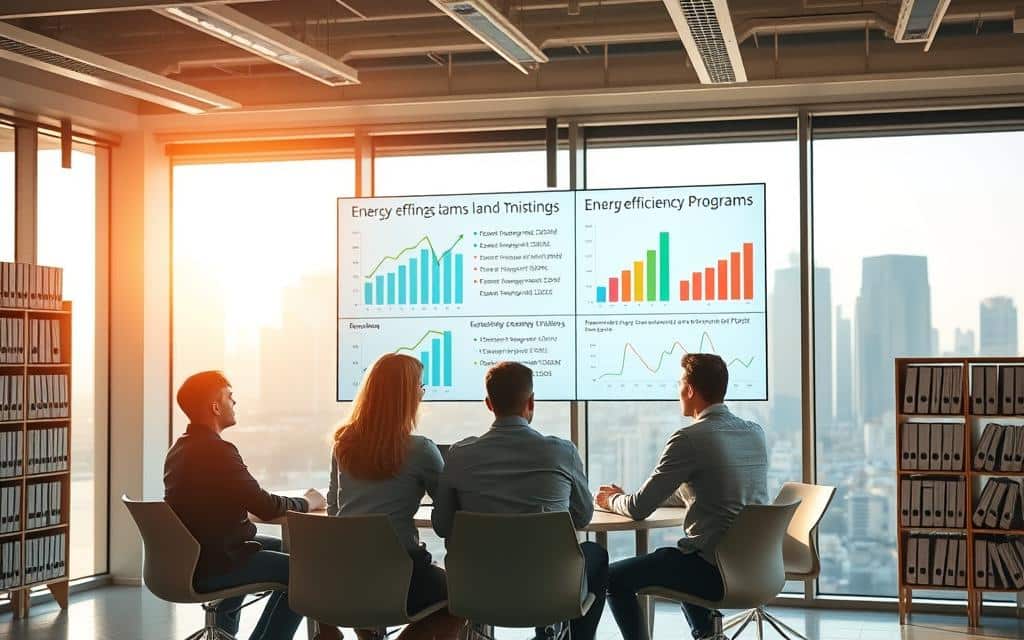 A bright, airy office interior with large windows overlooking a modern city skyline. In the foreground, a group of people sitting around a conference table, engaged in a discussion about energy efficiency programs. Behind them, a digital display shows graphs and charts illustrating the benefits of these initiatives. The lighting is warm and natural, creating a sense of productivity and collaboration. In the background, shelves lined with binders and folders suggest the administrative side of the programs. The overall atmosphere is one of a dynamic, forward-thinking organization committed to sustainability and environmental responsibility.