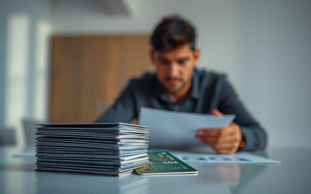 A captivating image of "como aumentar score de crédito" set against a modern, minimalist backdrop. In the foreground, a stack of credit cards, each with a different numeric score, symbolizing the journey to improve one's creditworthiness. In the middle ground, a person intently studying financial documents, their face reflecting deep concentration. The background features clean lines and geometric shapes, conveying a sense of order and financial stability. The lighting is soft and directional, casting subtle shadows that add depth and dimensionality to the scene. The overall mood is one of focus, determination, and the pursuit of financial security.