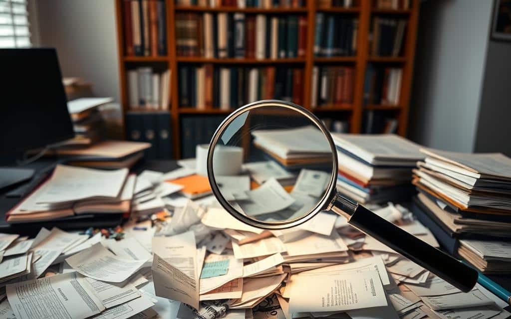 A cluttered desk with scattered receipts, crumpled papers, and a disorganized file folder system. A magnifying glass hovers over the chaotic mess, casting a warm, focused light that highlights the unnecessary items and highlights the areas for potential cost savings. In the background, a bookshelf filled with financial management books stands as a silent reminder of the need for better organization and expense tracking. The overall scene conveys a sense of financial uncertainty, but also the opportunity to identify and eliminate unnecessary expenditures.