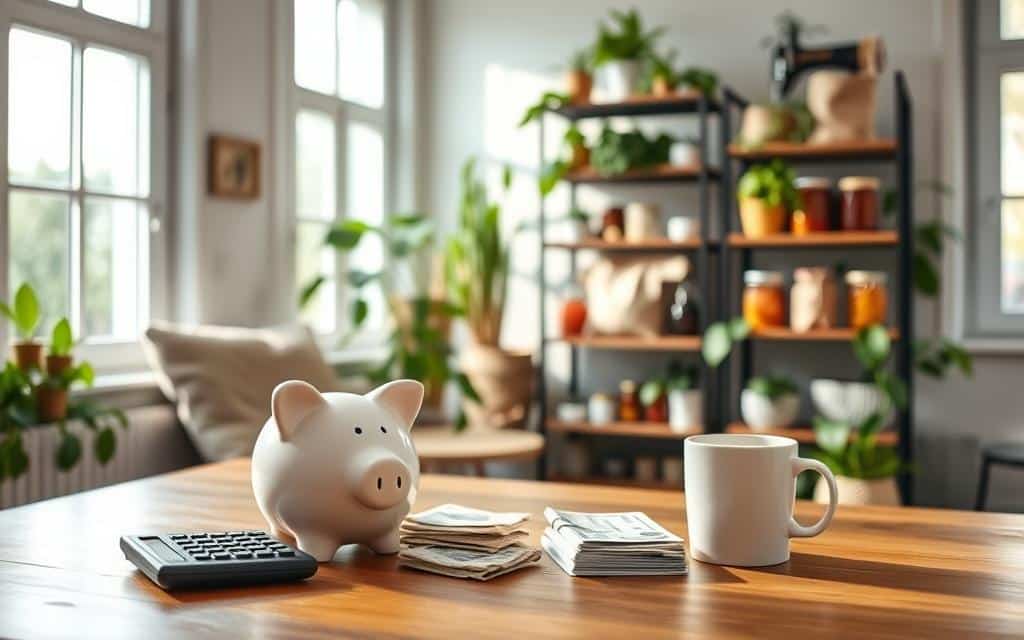 A cozy home interior scene, well-lit by soft natural light filtering through large windows. In the foreground, a wooden table with various household items symbolizing ways to save money - a piggy bank, a calculator, a stack of bills, and a mug of hot beverage. On the middle ground, shelves display frugal lifestyle items like reusable shopping bags, a sewing kit, and jars of homemade preserves. The background features a lush indoor plant arrangement, conveying a sense of tranquility and mindfulness. The overall mood is one of practicality, self-reliance, and a thoughtful approach to managing household finances during times of economic uncertainty.