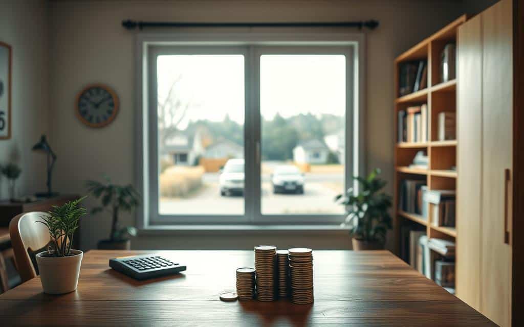 A cozy home office with a warm, inviting ambiance. In the foreground, a wooden desk holds a stack of coins, a calculator, and a small potted plant. The middle ground features a large window overlooking a tranquil suburban landscape, with trees and houses in the distance. Soft, natural lighting filters through the window, casting a gentle glow across the room. The background is adorned with a simple, minimalist bookshelf filled with financial journals and personal finance guides. The overall mood is one of quiet contemplation and thoughtful planning, perfectly suited to the task of investing one's savings.