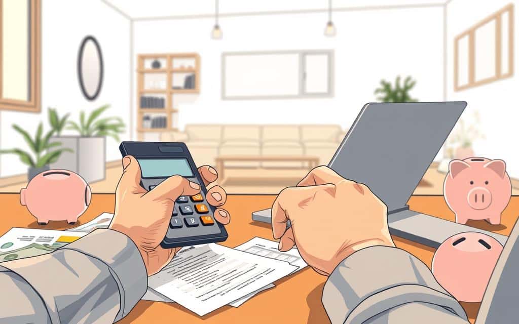 A detailed illustration of a person carefully managing their finances. In the foreground, a person's hands holding a calculator, with receipts, bills, and a piggy bank nearby, conveying the idea of budgeting and cost-cutting. The middle ground features a laptop or tablet, representing the analysis and tracking of expenses. In the background, a minimalist home interior with clean lines and neutral tones, creating a sense of organization and control. The scene is lit by warm, diffused lighting, evoking a calm and focused atmosphere. The overall composition emphasizes the importance of mindful financial management.