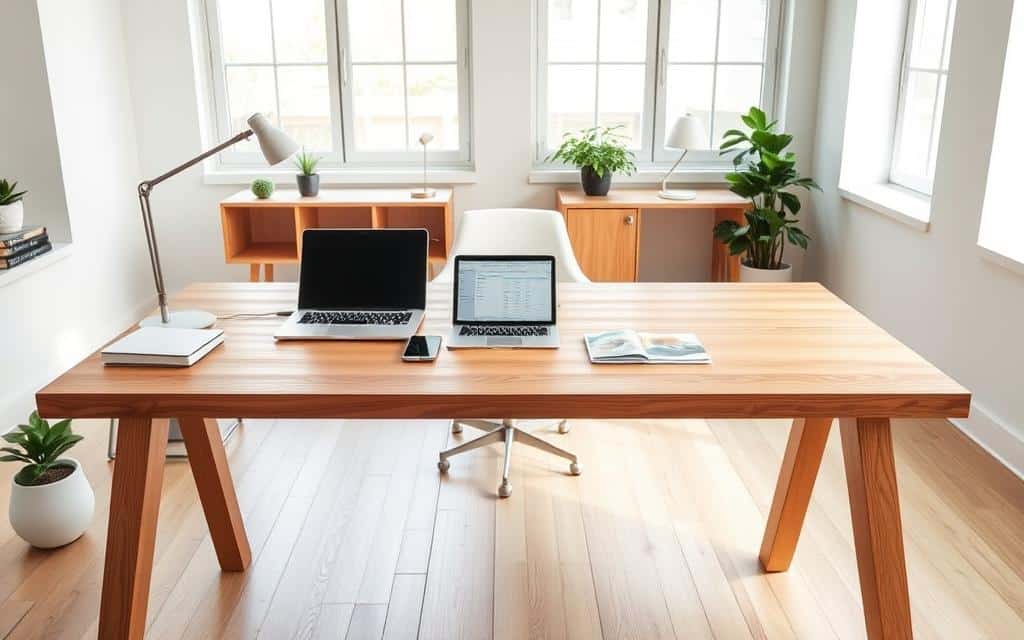 A modern, minimalist home office with a large wooden desk. On the desk, a laptop, a phone, and a tablet are neatly arranged, symbolizing the integration of apps and spreadsheets. The background features clean white walls and soft, natural lighting filtering through large windows, creating a calm, productive atmosphere. The overall composition conveys a sense of efficiency, organization, and the seamless blending of digital tools to manage personal finances.
