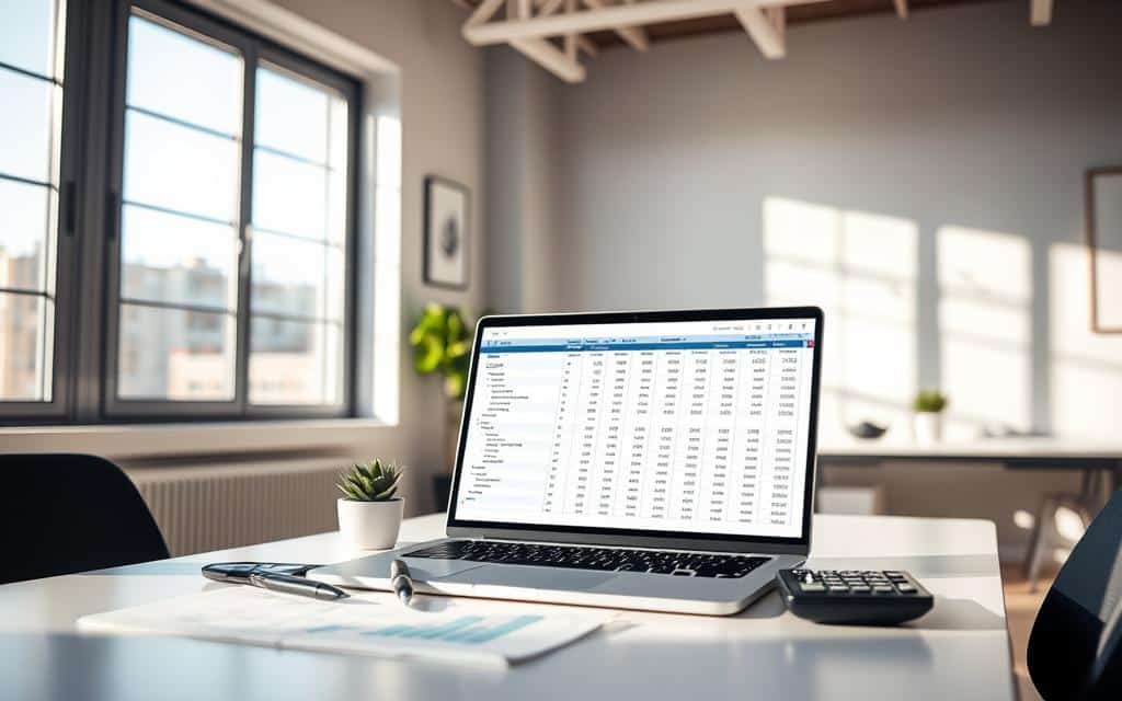 A modern office interior with natural lighting flooding through large windows. On a clean, minimalist desk, an open laptop displays a spreadsheet with carefully organized financial data. A pen, a calculator, and a small plant add subtle details. The walls are adorned with simple, abstract artwork that complements the overall aesthetic. A sense of focus and organized productivity permeates the scene, reflecting the act of measuring one's financial well-being.
