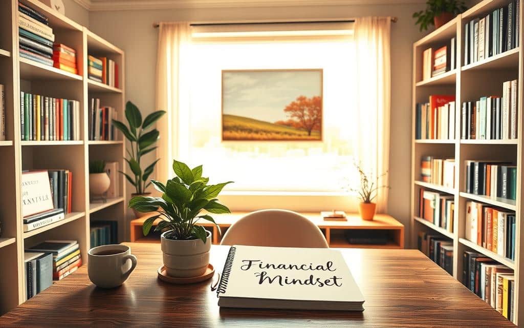 A serene home office scene, bathed in warm natural light from a large window. On the desk, a potted plant, a cup of coffee, and a notebook with the words "Financial Mindset" written in elegant calligraphy. Surrounding the desk, bookshelves filled with financial planning guides and self-improvement books. In the background, a tranquil landscape painting hangs on the wall, conveying a sense of balance and calm. The overall atmosphere exudes focus, organization, and a thoughtful approach to personal finance, reflecting the "Cultivating the Financial Mindset" theme.