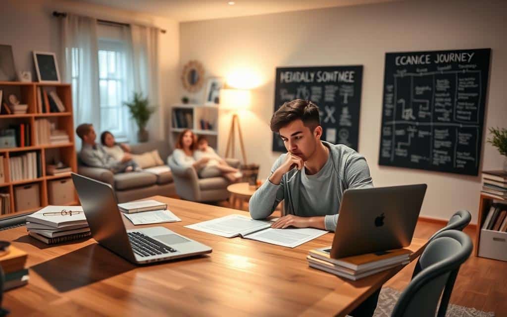A serene home office with a large wooden desk, a laptop, and educational books neatly arranged. In the middle ground, a young parent sits thoughtfully, planning their child's educational journey. The background depicts a cozy living room with family photos and a chalkboard displaying a timeline of the child's academic milestones. Warm lighting from a floor lamp casts a welcoming glow, creating an atmosphere of careful consideration and parental devotion. The scene conveys the importance of planning and preparing for the educational future of one's children.