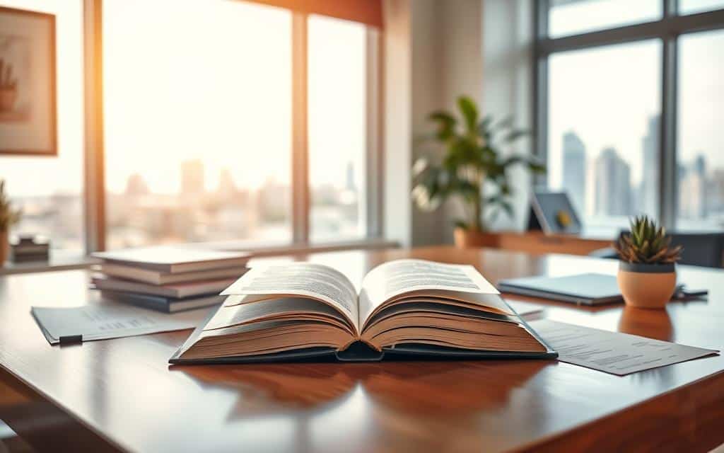 A serene, well-lit office setting with an open book on a polished wooden desk, surrounded by neatly organized financial documents and a succulent plant. The lighting is warm and natural, creating a contemplative atmosphere. In the background, a large window overlooks a cityscape, symbolizing the broader financial landscape. The focus is on the book, conveying the importance of financial education and knowledge. The composition emphasizes balance, order, and a sense of clarity, reflecting the journey towards financial stability.