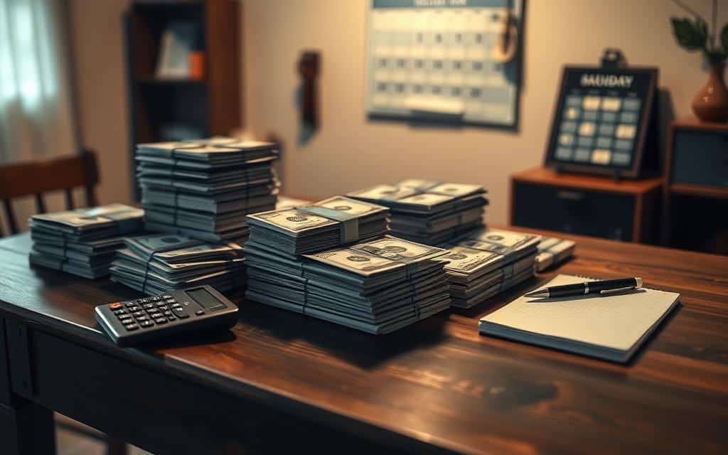 A well-stocked emergency fund, neatly organized on a sturdy wooden table. Stacks of cash, bills of varying denominations, meticulously arranged in neat piles. Beside them, a calculator, a pen, and a notepad, ready to track expenses. The lighting is soft and warm, creating a sense of security and preparedness. In the background, a calendar hangs on the wall, a subtle reminder of the importance of maintaining this financial safety net. The atmosphere conveys a feeling of control and confidence, as though the viewer is prepared to face any unexpected medical or life event with a solid plan in place.