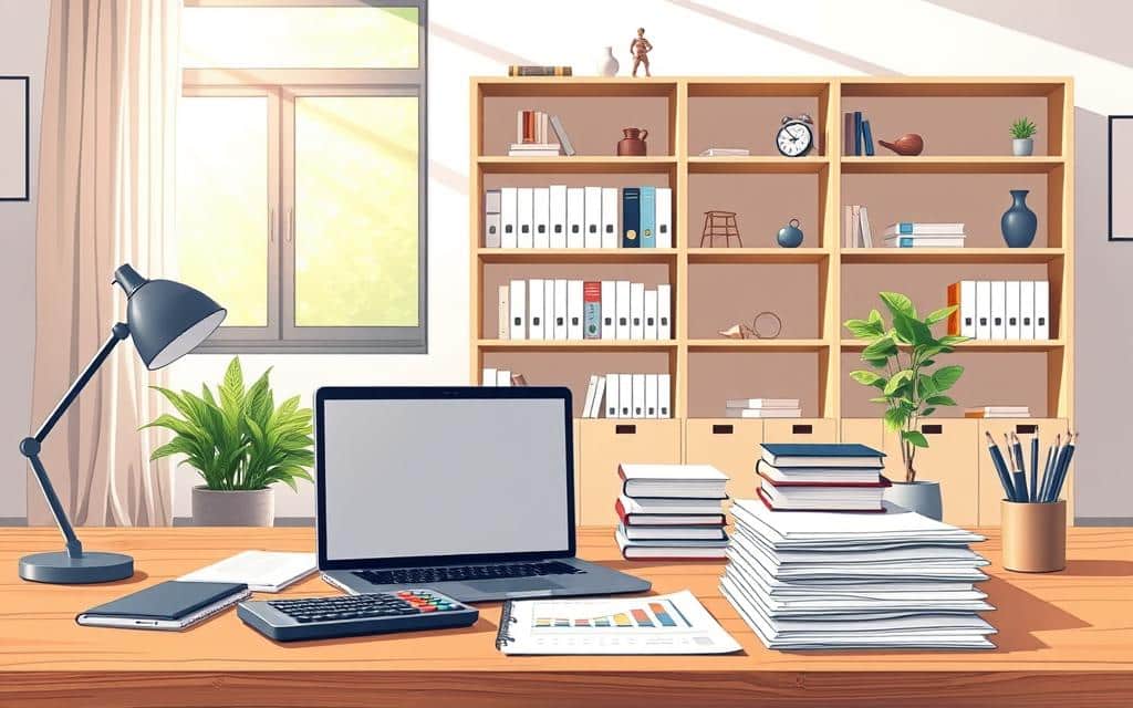 Precificação para autônomos: a detailed financial illustration showcasing a meticulously organized workspace. The foreground depicts a wooden desk with a laptop, calculator, and neatly stacked documents, reflecting the careful administration of revenues and profits. The middle ground features a minimalist bookshelf with accounting books and finance-related trinkets, exuding an air of professional expertise. The background is a serene, sun-dappled room with soft, warm lighting, creating a contemplative and productive atmosphere. The overall composition conveys the essential elements of financial organization and control for autonomous professionals, seamlessly blending form and function.